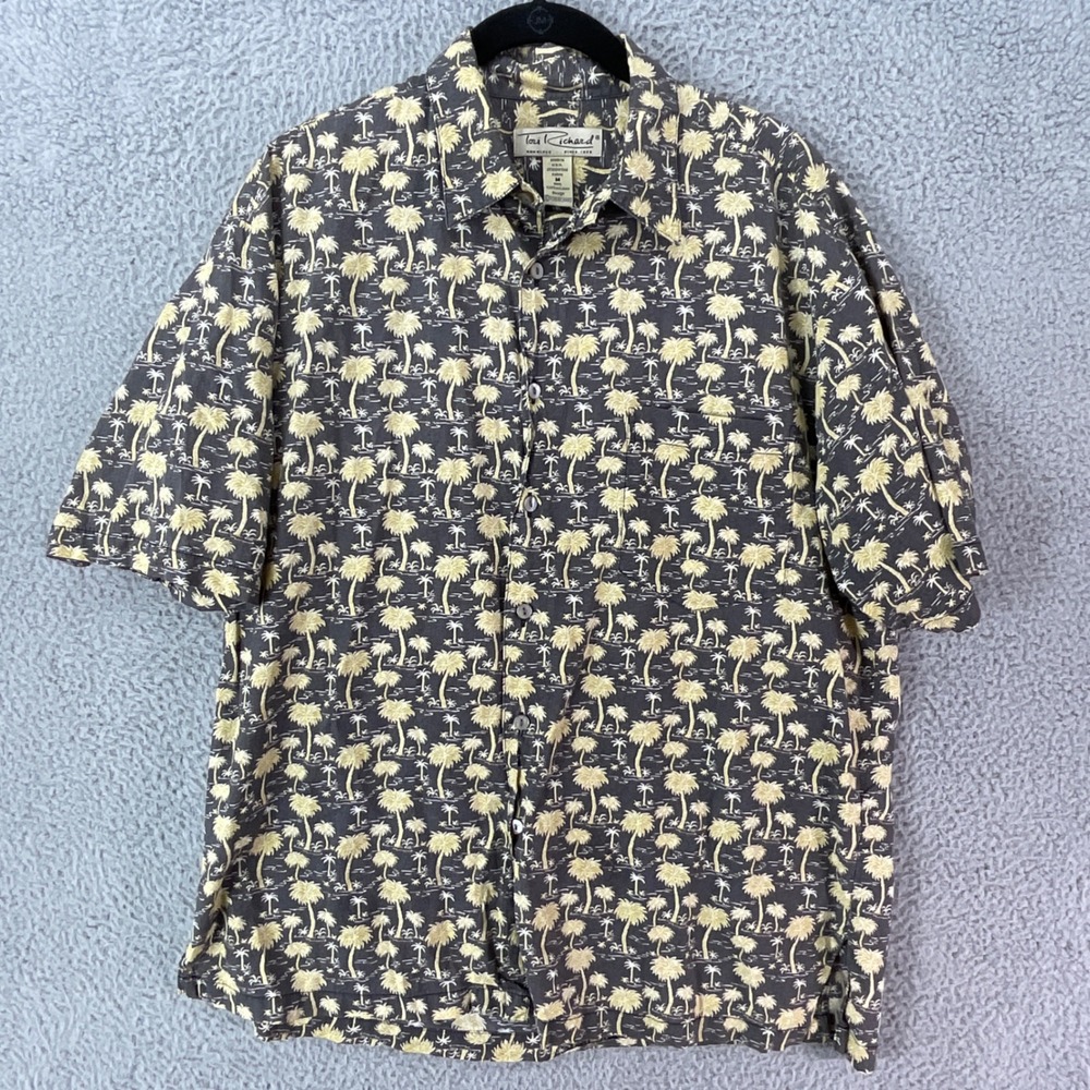 Tori Richard Button Shirt Mens M Gray Yellow Excellent Cotton Lawn Palm Tree USA